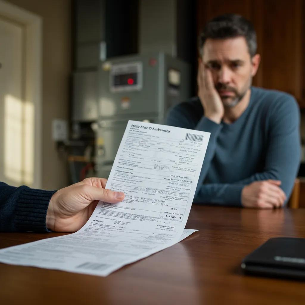 A homeowner looking at a high energy bill, illustrating how furnace efficiency impacts energy costs