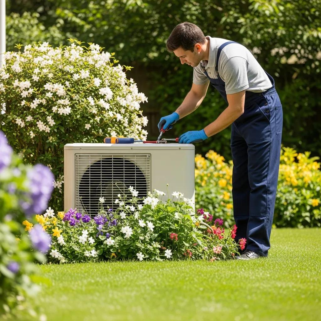 Technician performing spring maintenance on an air conditioning unit in a sunny backyard